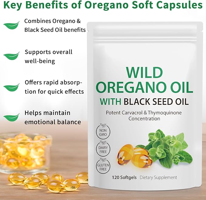 Oil of Oregano Softgels, 120 Count Oregano Oil Capsules, 165mg Carvacrol, 2 in 1 Formulated Oil of Oregano with Black Seed Oil 200mg, Oregano Oil Supplement Capsules