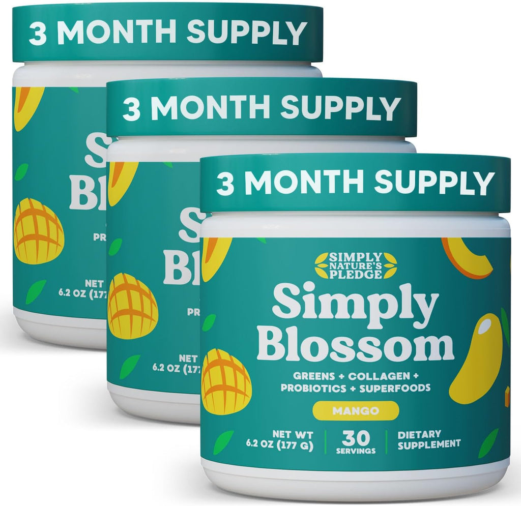 Simply Blossom Nutrition Daily Greens & Superfood Powder + Collagen + Probiotics for Women's Digestive Health & Bloating Relief. Help Your Health Bloom - 3 Month Supply - Mango