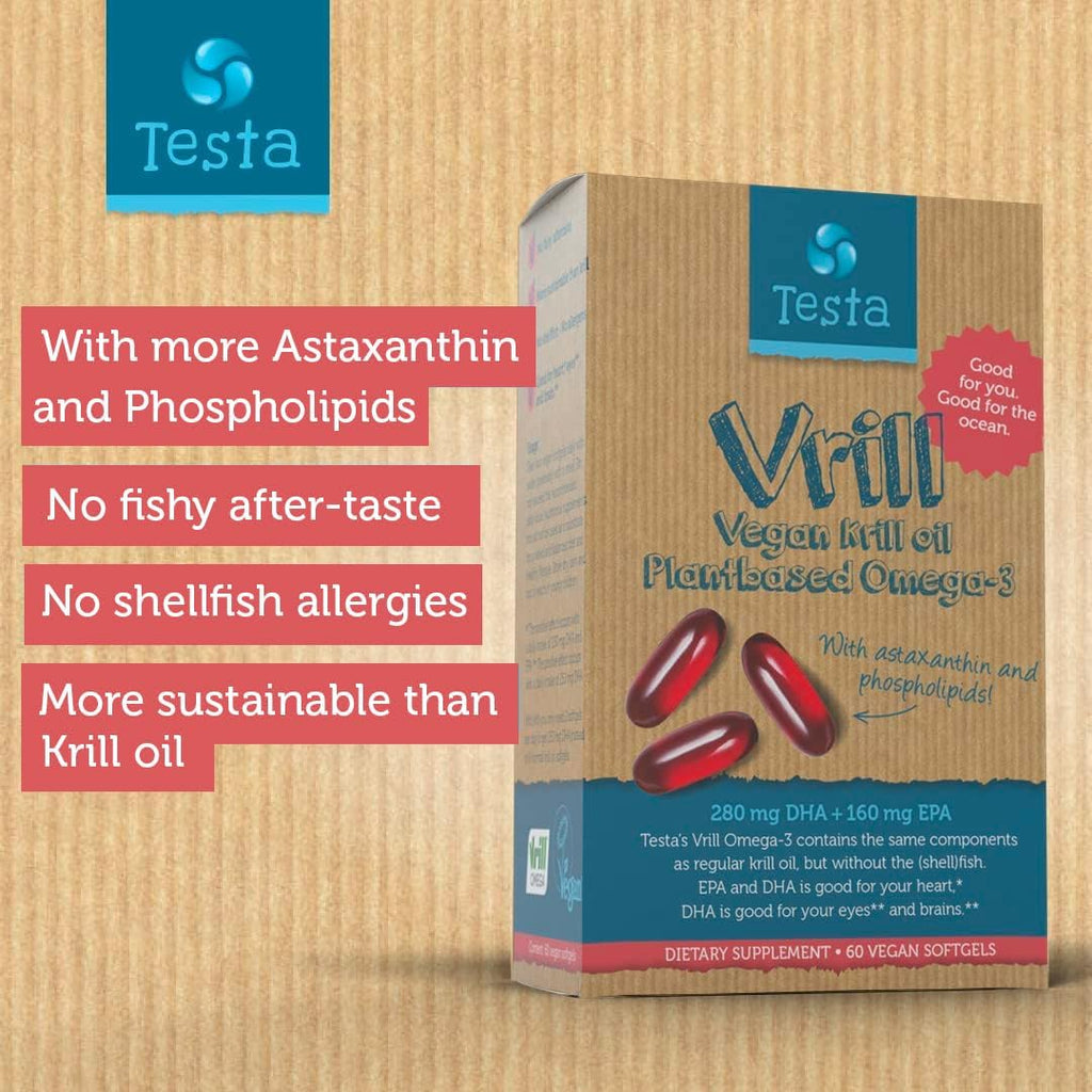 Testa Omega 3 Vegan Krill Supplement-1000mg Softgels, 2 Times More Omega-3, DHA, EPA, Astaxanthin, Phospholipids - Heart, Brain, Eye, Joint Support - Not from Fish, Algae Source - 60 Softgels