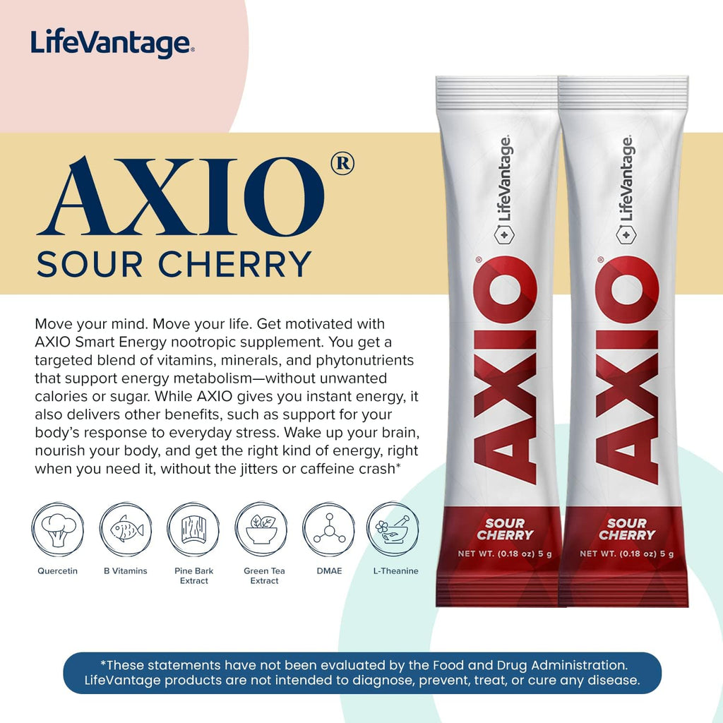 LifeVantage AXIO Regular Energy Drink Powder, Nootropic Supplement, Focus & Mood Support, with L-theanine, Green Tea, B Vitamins, DMAE, Quercetin & Pine Bark, Sour Cherry, 30 Packets