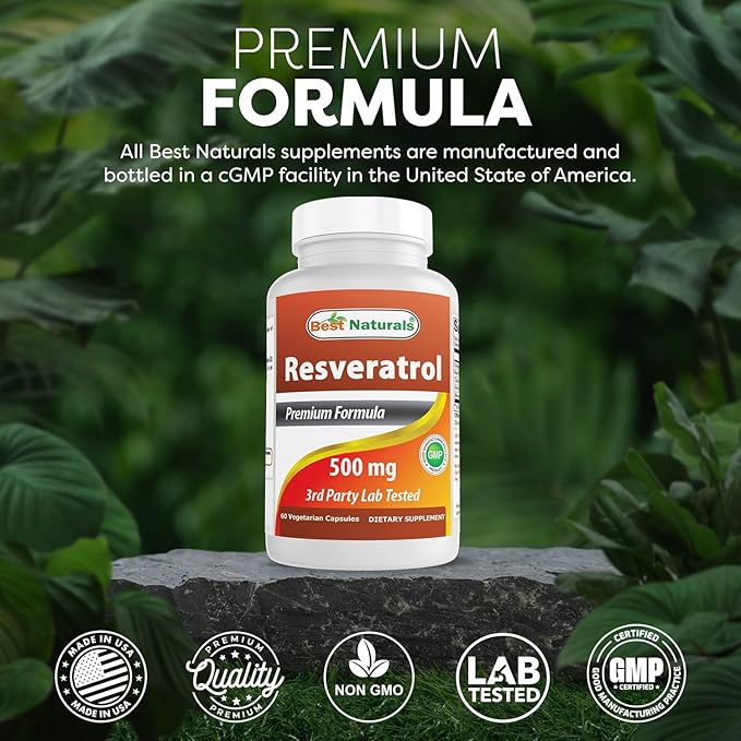 Best Naturals 2 Packs Resveratrol Complex 500 mg 60 Veg Capsules Made with Grape Skin, Red Wine, Quercetin - Gluten Free & Non GMO - (Total 120 Capsules)