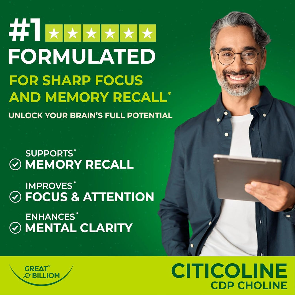 Citicoline CDP Choline 1000mg - Extra Strength Brain Supplements for Memory and Focus, Choline Supplements - Non-GMO Nootropic with Acetylcholine Support - 90 Vegetarian Capsules
