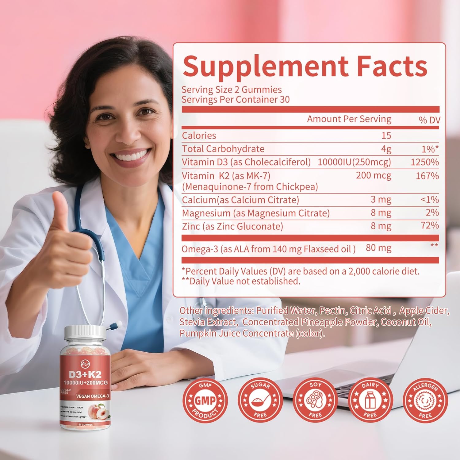 Vitamin D3 K2 Gummies, Vitamin D3 10000IU, K2 (MK-7) 200mcg, 6-in-1 Vitamina D3 Con K2 Supplement with Omega-3, Magnesium, Calcium and Zinc for Bones, Teeth & Immune Support, Sugar Free, 2 Packs