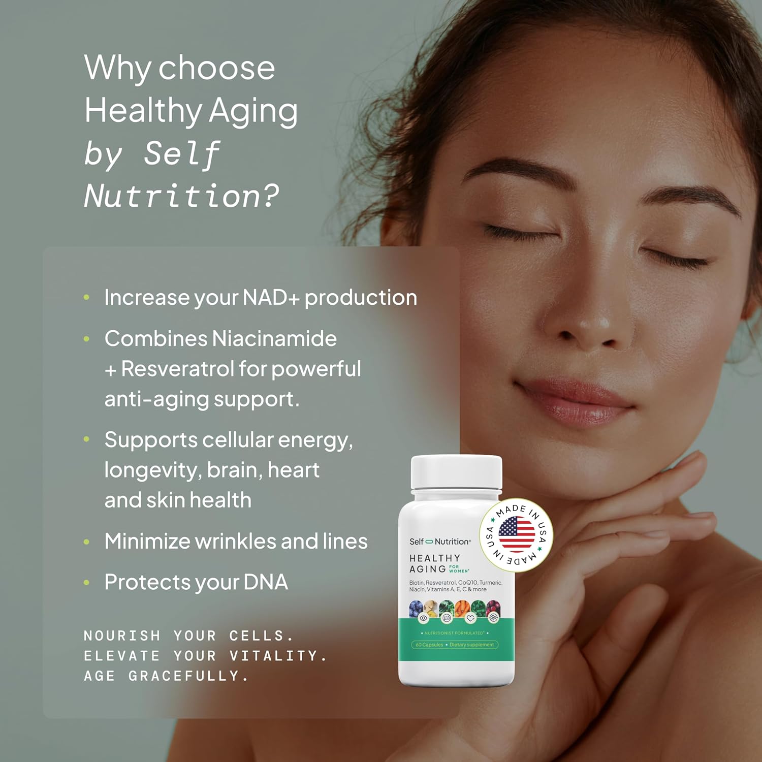 Healthy Aging Supplement for Women - NAD+, Resveratrol, Collagen Booster, Biotin, Hyaluronic Acid & More. Cellular Energy, Healthy Aging, Skin Support - USA, Vegan, 60 Capsules.