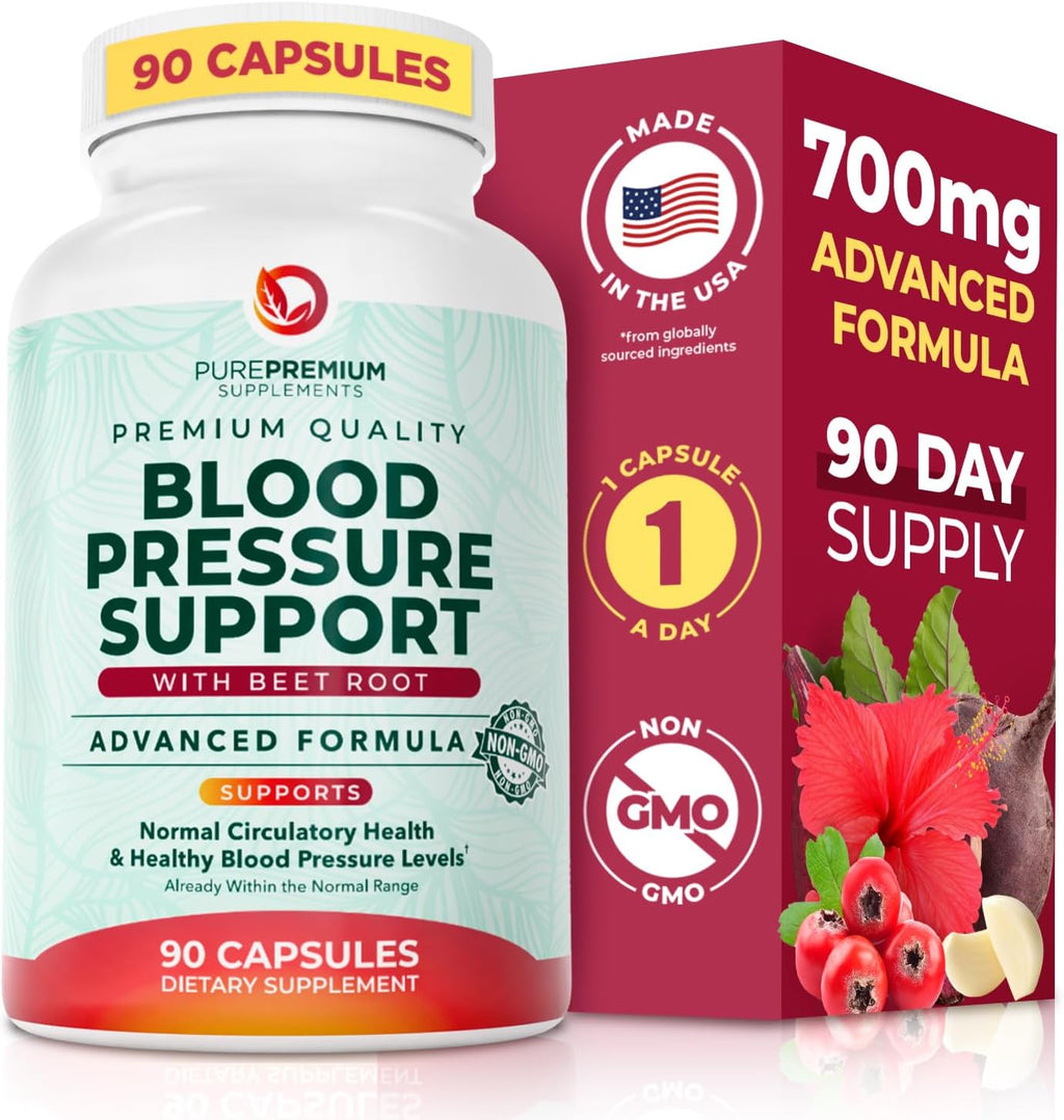 PurePremium Beet Root Capsules for Blood Pressure Support – 700mg Advanced Formula with Beetroot Powder, Hawthorn, Hibiscus & Garlic for Normal Nitric Oxide Production & Heart Health – Non-GMO - 90ct
