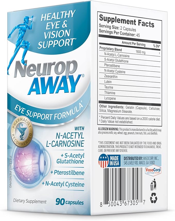 NeuropAWAY Eye Support Supplement 90CT with Lutein N-Acetyl L-Carnosine S-Acetyl Glutathione N-Acetyl Cystiene Pterostilbene Lycopene Zeaxanthin to Support Healthy Vision
