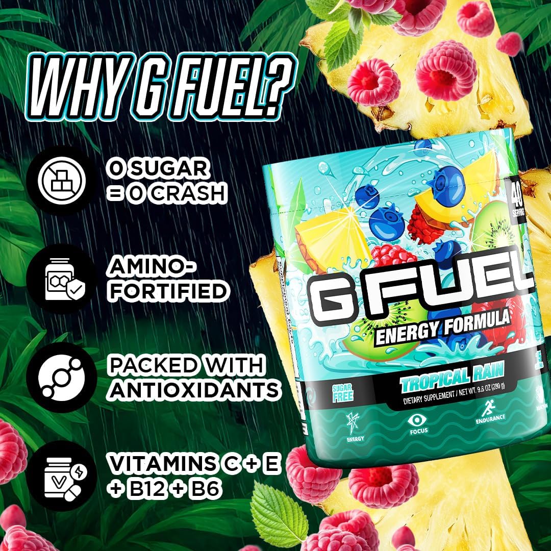 G Fuel Tropical Rain Energy Drink Powder, Pre Workout Caffeine Mix for Gaming, Sugar Free Focus Amino, Vitamin + Antioxidants, 9.8oz (Fruit Medley, 40 Servings)