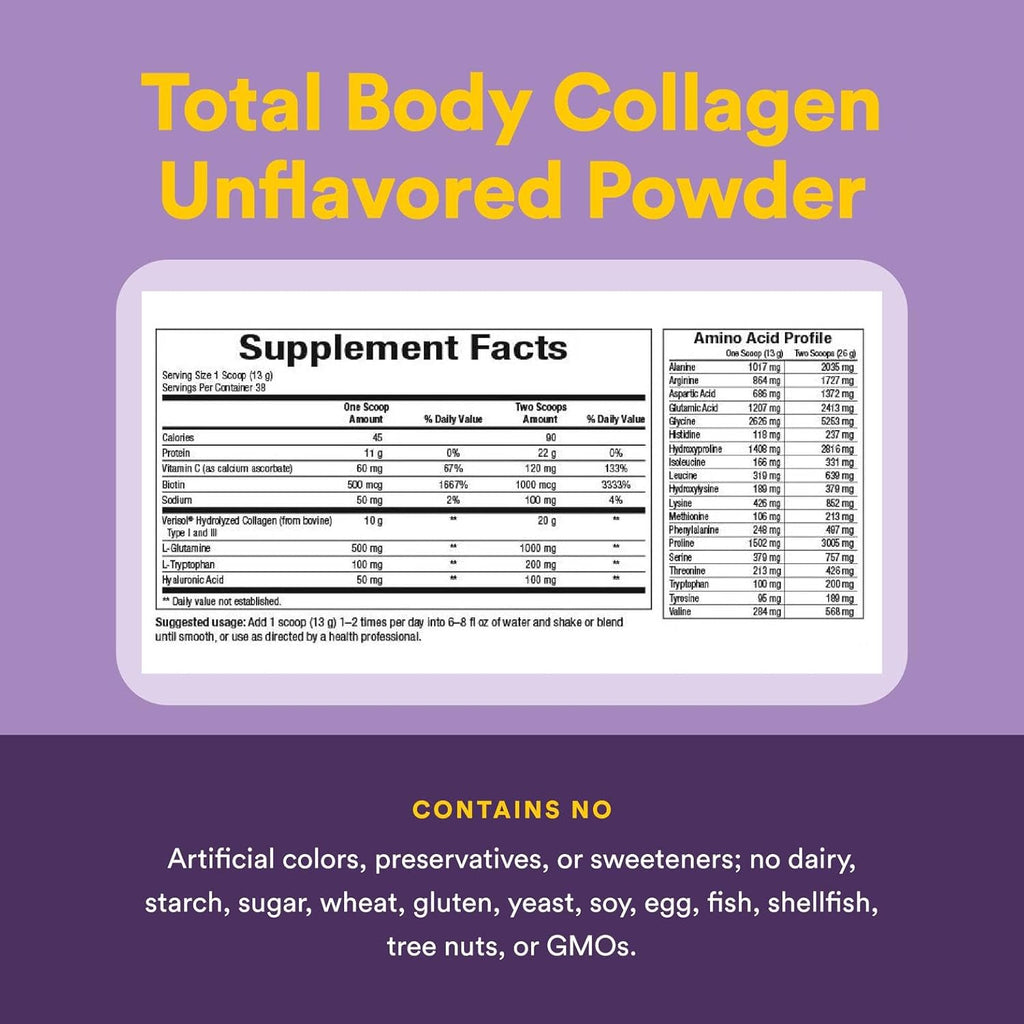 Natural Factors Total Body Collagen Bioactive Peptides Powder for Healthy Skin, Hair & Joints, Unflavored, 500 g