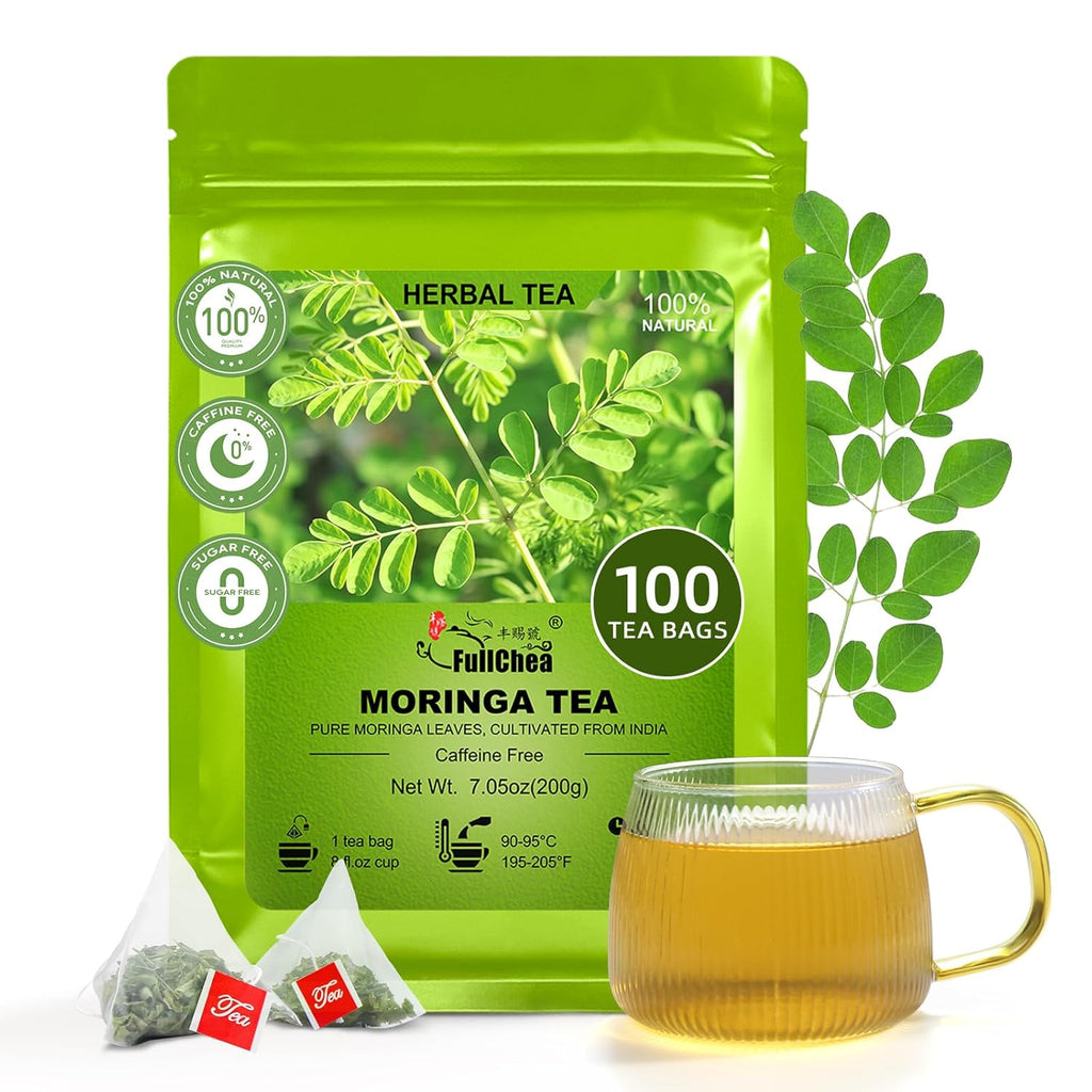 FullChea - Moringa Tea Bags, 100 Count - Pure & Natural Rosabella Moringa Leaves, Cultivated From India - Caffeine-free Herbal Tea for Supporting Digestion & Immune System - Non-GMO