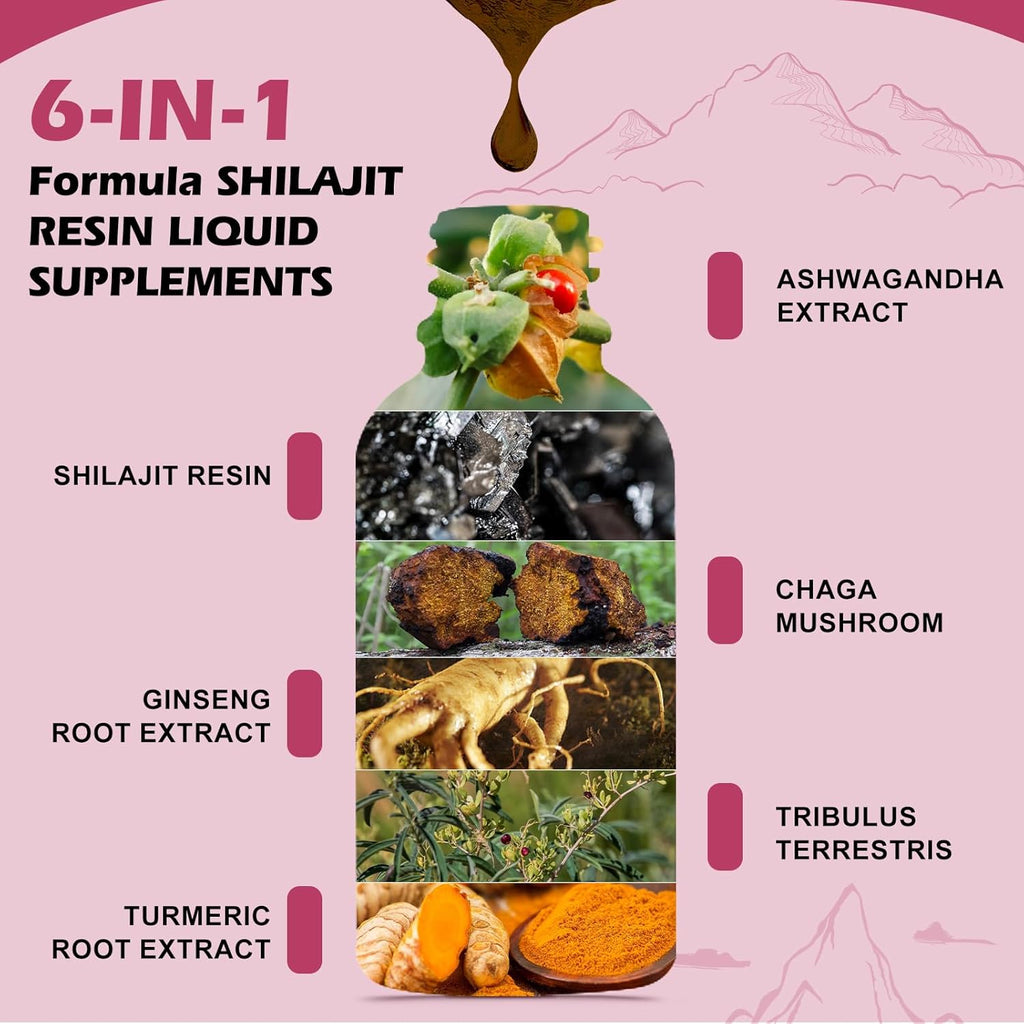 Shilajit Resin Liquid Drops | Organic Shilajit 85+ Trace Minerals Complex with Ashwagandha, Turmeric, Ginseng, Chaga Supplement for Digestion Support, Energy Booster - Vegan