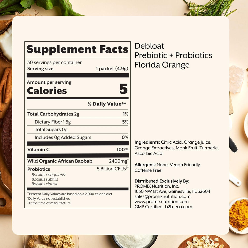 ProMix Nutrition Debloat Prebiotics and Probiotics with Baobab - Rich in Vitamin C, Bloating Relief, Immune Support - Orange - 30 Servings (Pack of 30)