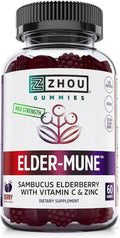 Zhou Elder-Mune Elderberry Gummies - Elderberry Vitamin C and Zinc, Daily Immune Support Supplemenet for Women & Men, Chewable Natural Black Elderberry for Adults & Children 4 & Up - 60 Gummies
