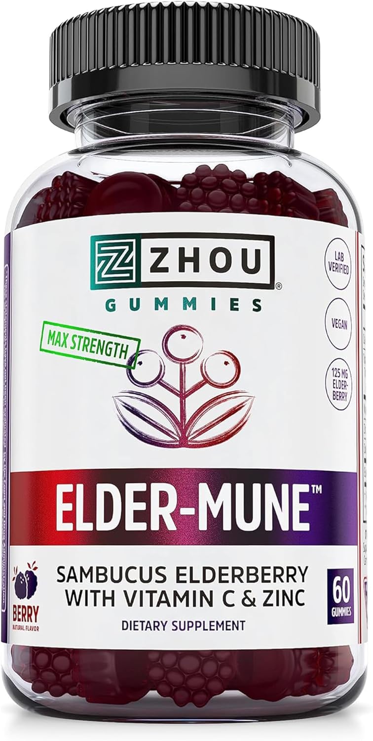 Zhou Elder-Mune Elderberry Gummies - Elderberry Vitamin C and Zinc, Daily Immune Support Supplemenet for Women & Men, Chewable Natural Black Elderberry for Adults & Children 4 & Up - 60 Gummies