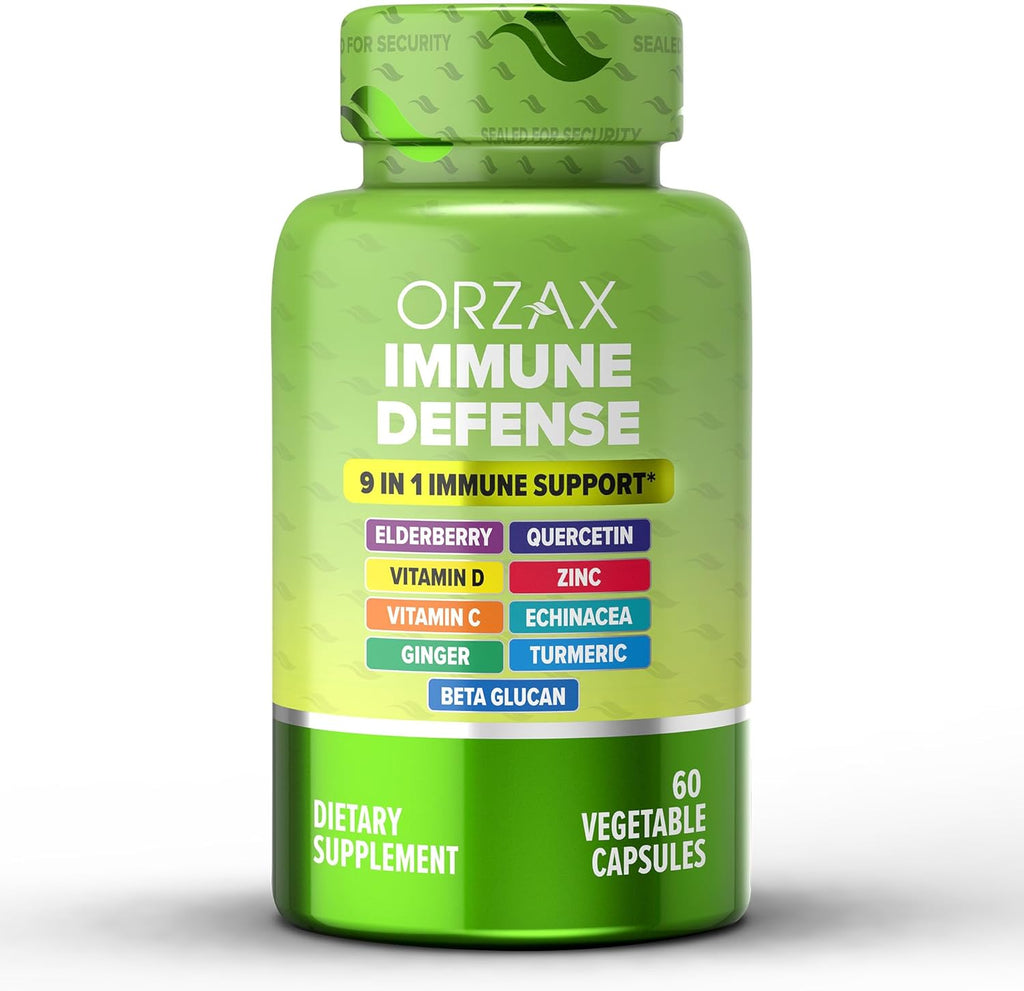 ORZAX 9 in 1 Immune Defense Booster Herbal Supplement, Specialized High Strength Formula - Vitamin C & D, Zinc, Quercetin, Turmeric & Ginger, Echinacea - Non-GMO - 60 Veggie Capsules - 30 Day Supply