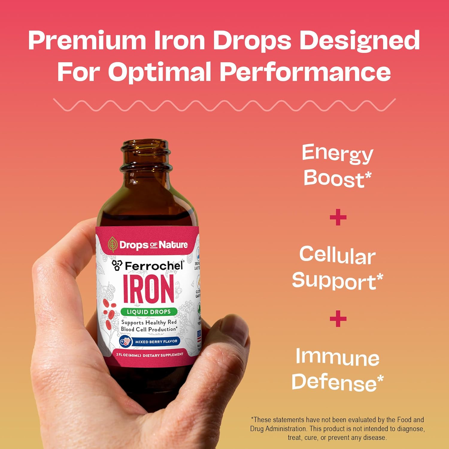 Iron Supplement for Women - High Absorption Liquid Iron Drops - Vegan Non-GMO Supplements - Versatile Alternative to Pills & Gummies, Support Energy Levels & Daily Balance (Mixed Berry, 60ml)
