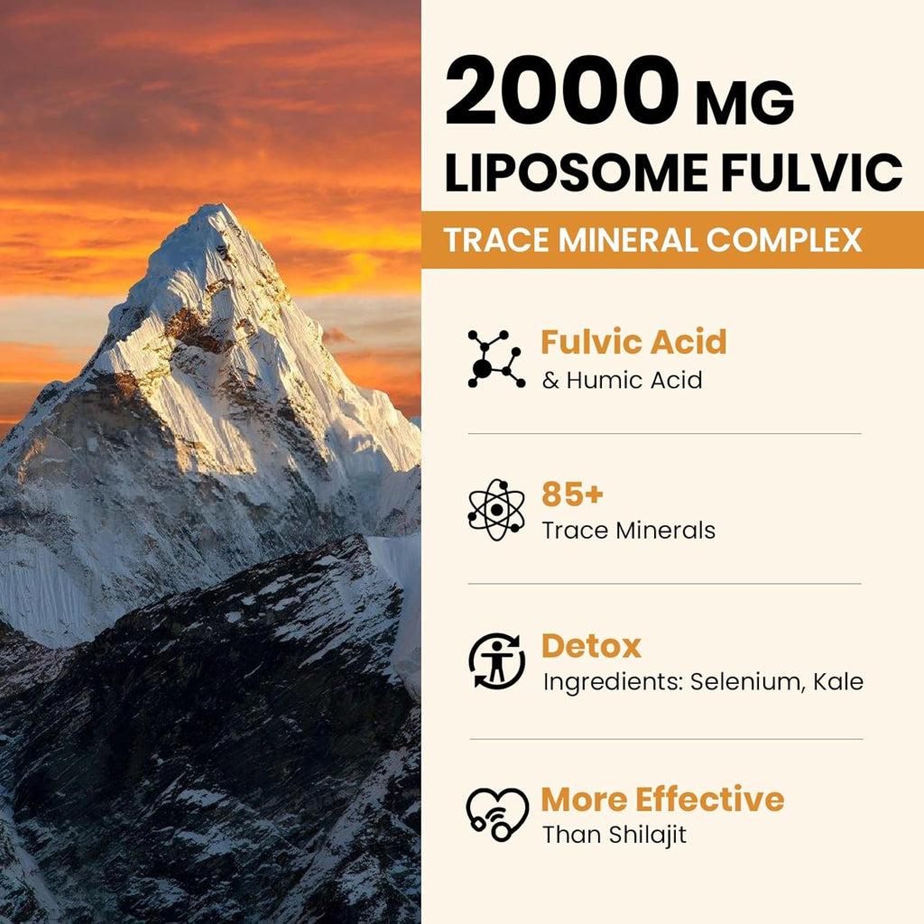 2000 MG Liposomal Fulvic Acid + Humic Acid + Trace Minerals Complex - More Potent Than Shilajit, Electrolytes Liquid Supplement with Organic Kale for Energy, Digestion, Immunity & pH Balance, 2 Oz