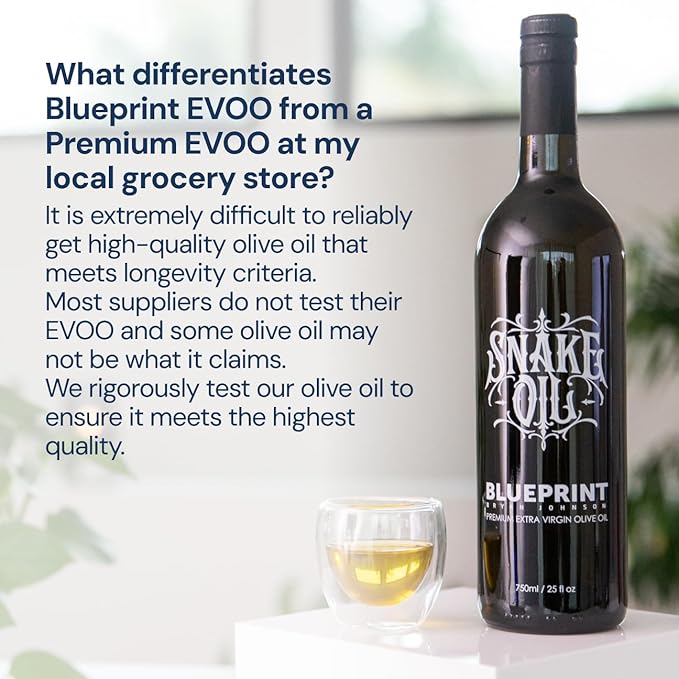 Blueprint Bryan Johnson Olive Oil – Snake Oil- High Polyphenol Extra Virgin Olive Oil (400+ mg/kg) – Cold Pressed, Early Harvest, First Cold Press EVOO – Keto, Paleo, Non-GMO – 750ml Glass Bottle