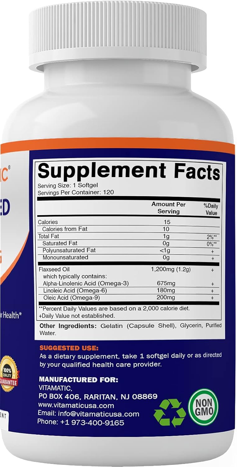 Vitamatic 2 Pack Flaxseed Oil 1200mg 120 from Cold Pressed Flax Seed - 675 mg of ALA Omega 3 Fatty Acids for Improving Heart Health