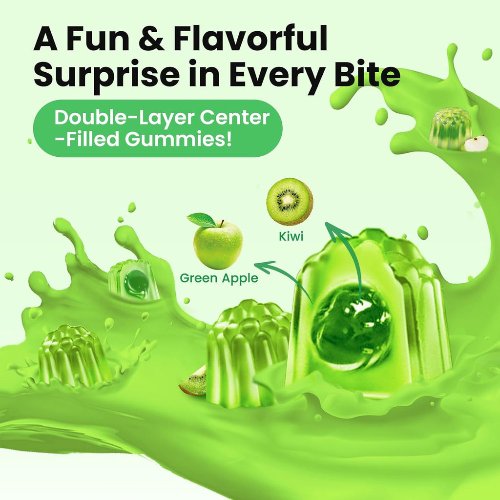 Iron Gummies with Multivitamin, Iron Supplement for Women & Men with Zinc, Vitamin B Complex & C, B12, Folate - Blood Builder & Energy Support for Adults & Kids - Green Apple & Kiwi Filled Gummies