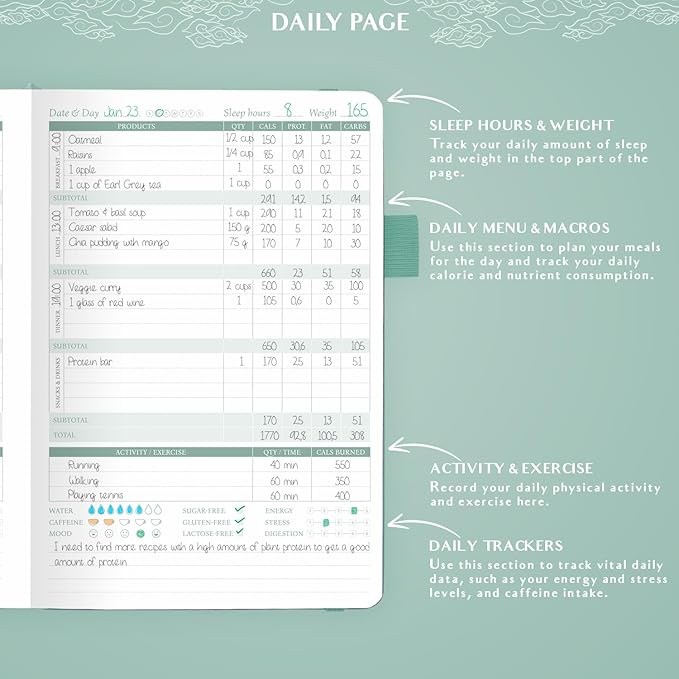 Legend Wellness Planner & Food Journal – Daily Diet & Health Journal with Exercise & Weight Loss Tracker – Nutrition Diary, 6 Months (Mint Cream)