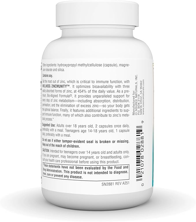 Source Naturals Wellness ZincMunity, Supports Zinc Absorption, Metabolism and Utilization for Immune Heath*, 50 mg Zinc - 60 Vegetarian Capsules