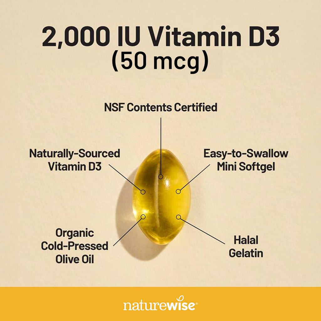 NatureWise Vitamin D3 2000iu (50 mcg) 90-Day Supply for Immune Support, Healthy Muscle Function, and Bone Health - Non-GMO, Gluten Free in Organic Extra Virgin Olive Oil, (Mini Softgel), 90 Count