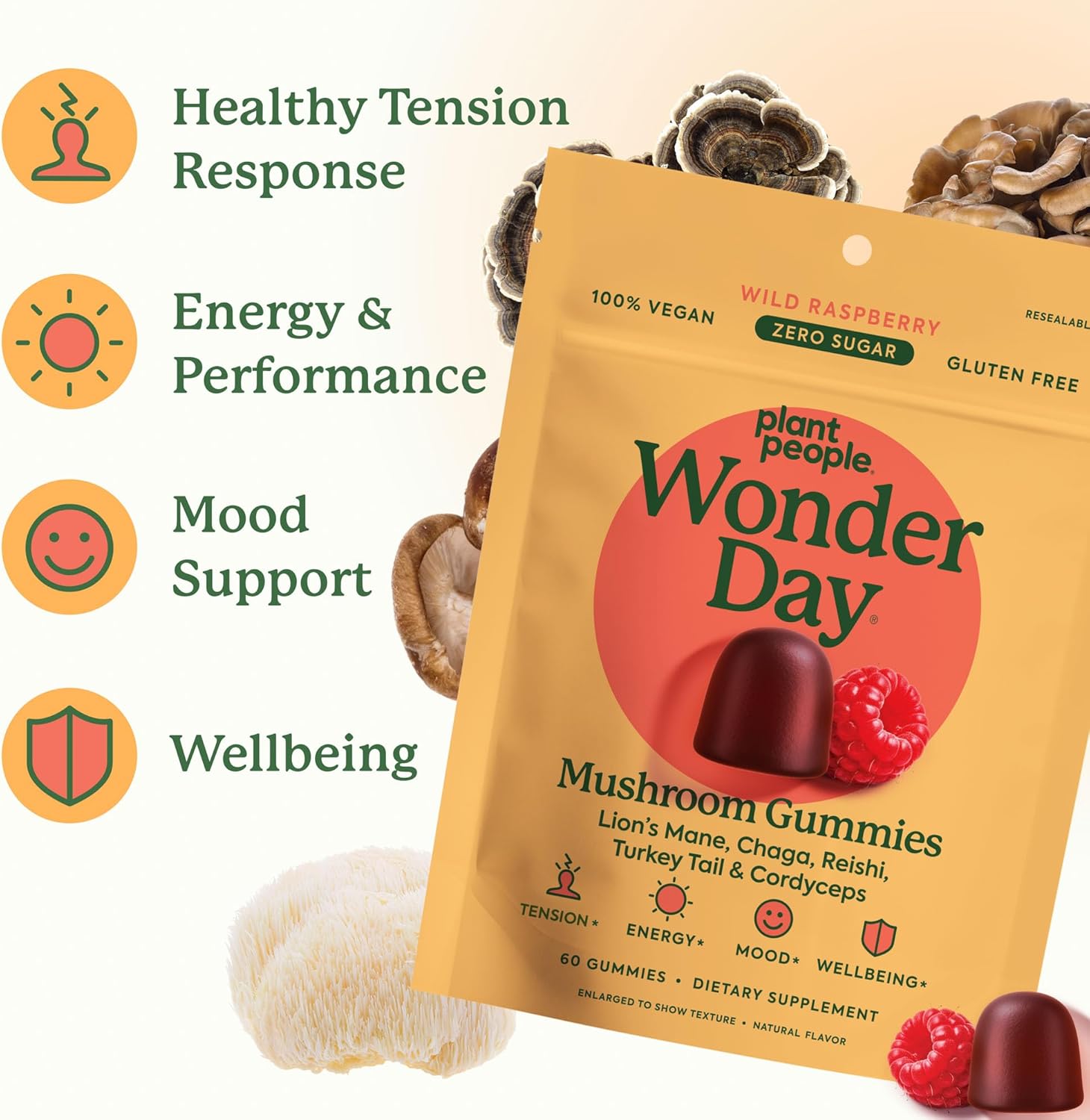 Plant People WonderDay Mushroom Gummies - Lion’s Mane, Cordyceps, Chaga Mushroom Supplement to Support Immune System De-Stress Boost Mood & Energy in Adults Natural, Vegan, Non-GMO (60 Count)