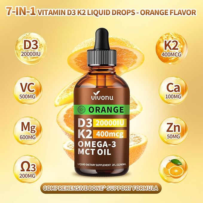 VivoNu Vitamin D3 K2 Drops, D3 20000 IU & K2 as MK-7 400mcg with Magnesium, Calcium, Zinc & Omega 3 for Immune*, Mood*, Bone* Health, Orange Flavor Vitamin D Liquid Drops Supplement, Non-GMO (1)