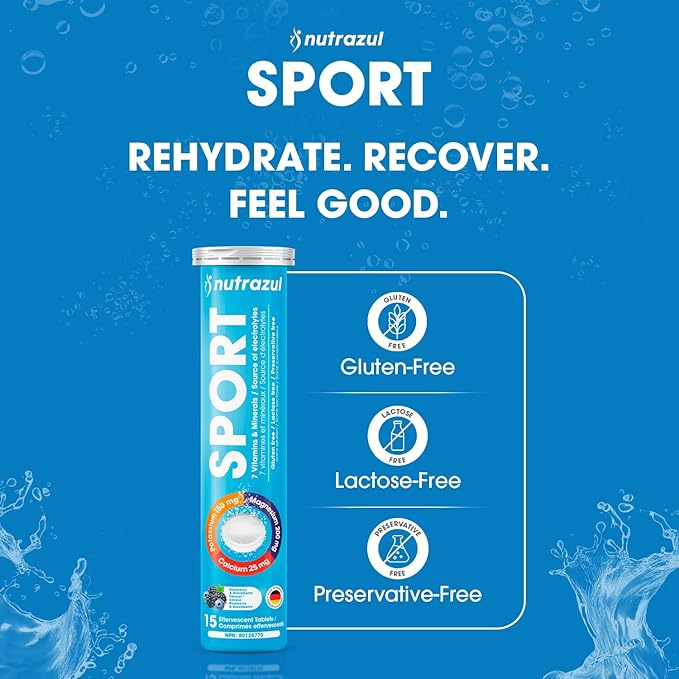 nutrazul Sports Effervescent Tablets, Electrolytes & 7 Vitamins & Minerals, Daily Hydration and Energy, Caffeine-Free, Blueberry & BlackBerry Flavor, 30 Count