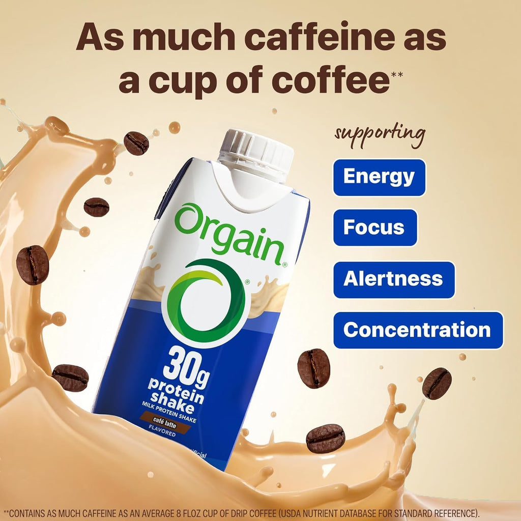 Orgain 30g High Protein Shake, Café Latte, 5g BCAAs, 1g Sugar Per Serving, Caffeine from 1 Cup of Coffee, Milk Isolate, Meal Replacement, Ready to Drink, Keto Friendly, Gluten-Free 11 Fl Oz (12 Pack)