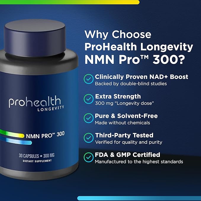 ProHealth NMN Pro 300 (30 Capsules) Clinically Studied Uthever® NMN. NAD+ Precursor for Cellular Energy, Mitochondrial Support & Healthy Aging. USA Manufactured, Triple Lab-Tested