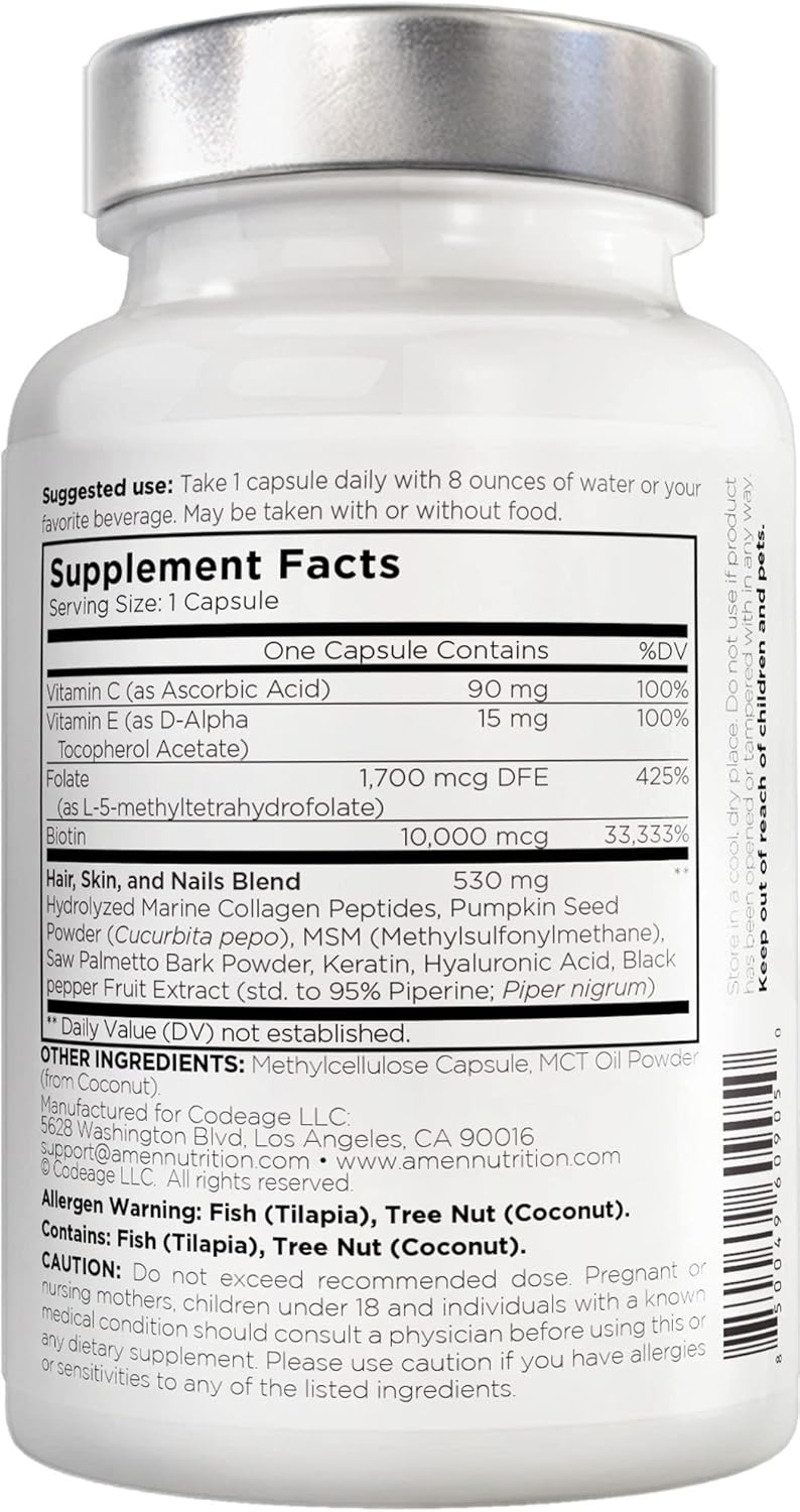 Amen Biotin Collagen Vitamins+ 10,000 mcg Biotin Supplement - Hydrolyzed Collagen, Vitamins C & E, Folate, Hyaluronic Acid, Keratin, MSM, Saw Palmetto - 3-Month Supply - Non-GMO - 90 Capsules