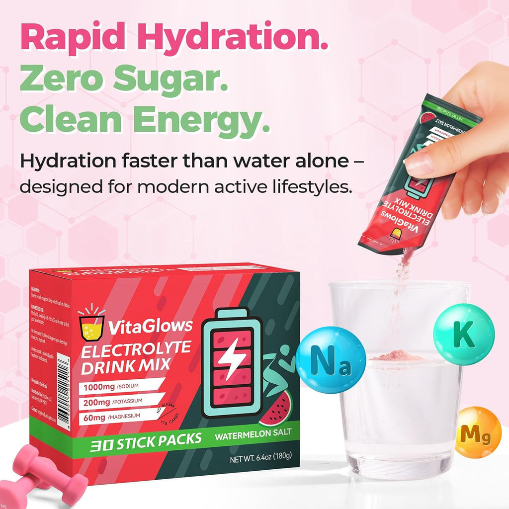 Electrolyte Powder Drink Mix – Zero Sugar Watermelon Salt – Hydration Supplement for Energy & Recovery – 30 Servings, Gluten-Free, Soy-Free, Dairy-Free