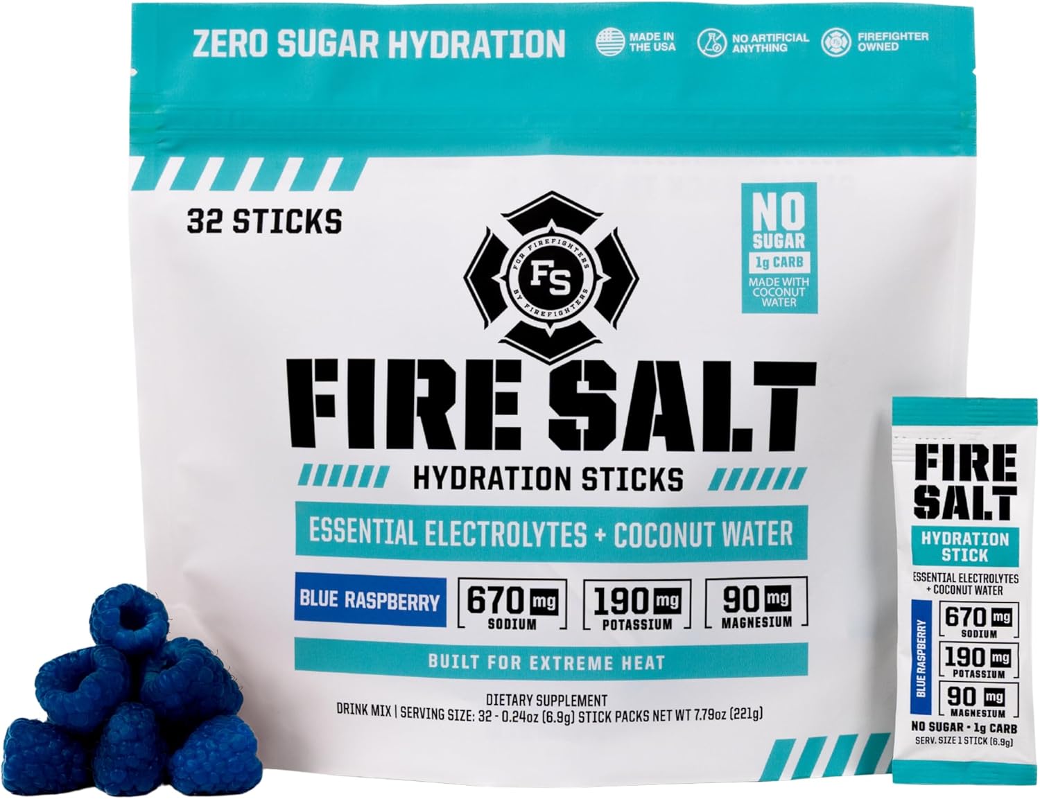 Fire Science Fire Salt Hydration Sticks, Electrolytes & Coconut Water, Hydration Drink Mix with Magnesium, Potassium & Sodium, Zero Sugar, Single Serve On the Go Packs, Blue Raspberry Flavor, 32 Count