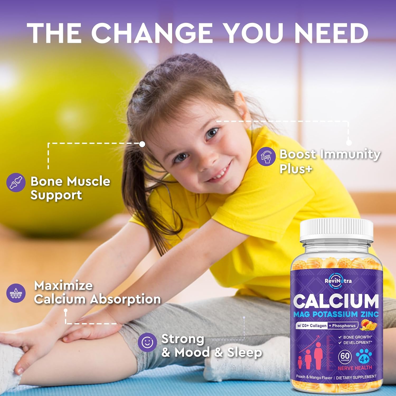 Calcium Potassium Magnesium Gummies for Kids & Adults, Magnesium Potassium Calcium Supplement for Kids, Sleep, Bone Strength, Density Support, Sugar Free, Peach & Mango Flavour,120ct