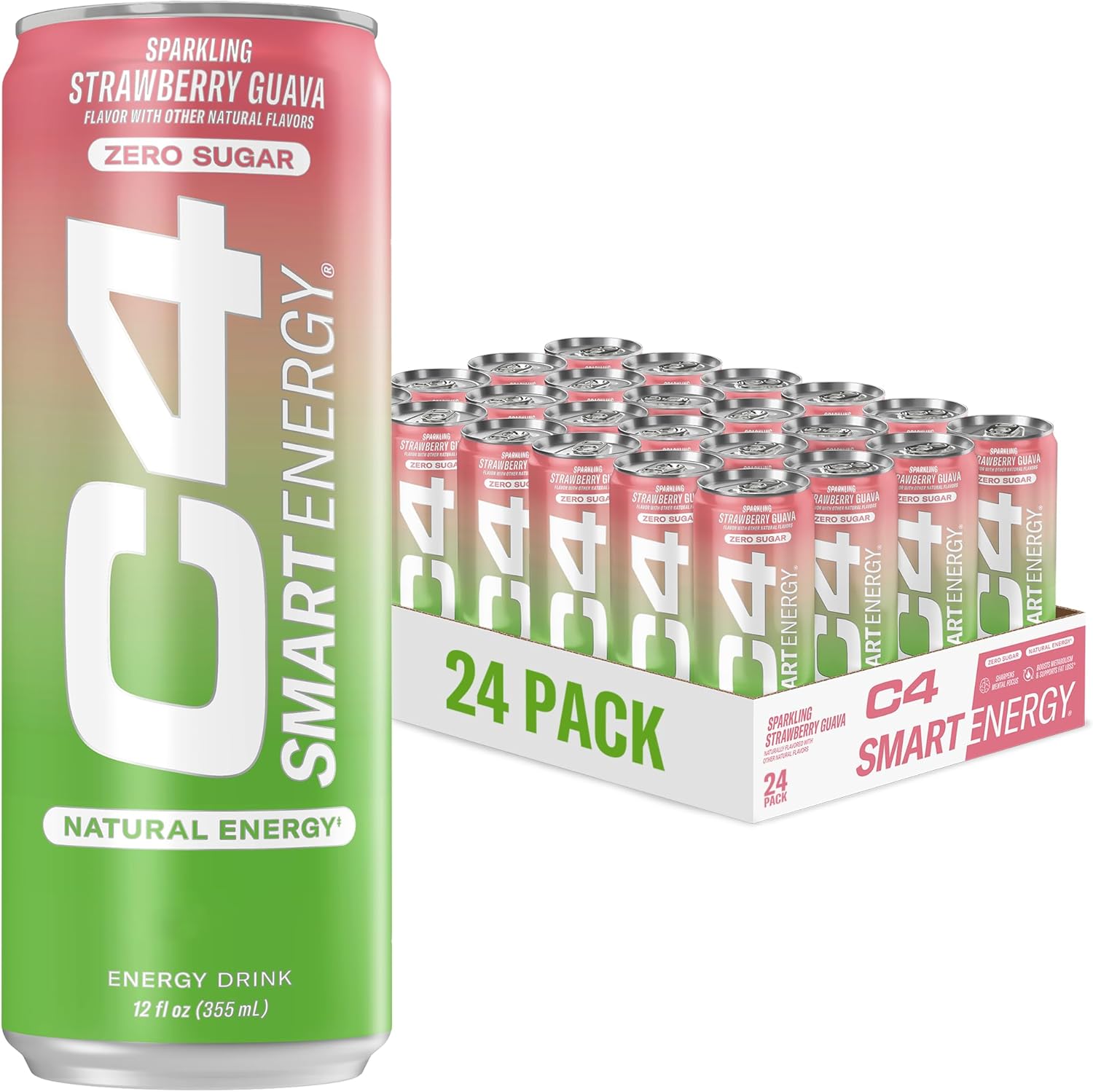 C4 Smart Energy Drink - Sugar Free Performance Fuel & Nootropic Brain Booster, Coffee Substitute or Alternative | Strawberry Guava 12 Oz - 24 Pack