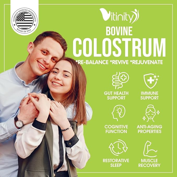 VITINITY Grass Fed Bovine Colostrum Capsules for Humans - Natural IgG Colostrum Supplement for Gut Health, Immune Support, Muscle Recovery & Wellness | Pure Colostrum Superfood, Unflavored (120 Count)