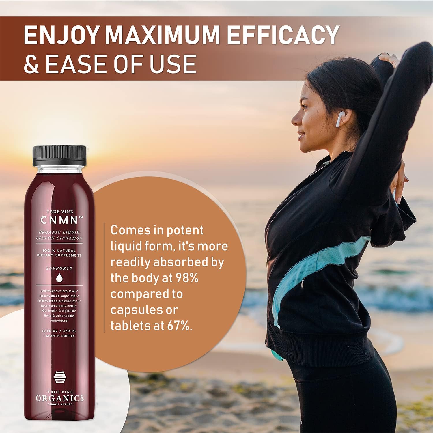 True Vine 3200mg Liquid Ceylon Cinnamon Supplement (Made in USA) for Healthy Heart, Blood Pressure, Sugar, Cholesterol, Gut & Joints — 100% Organic Ceylon Cinnamon to Fight Free Radicals (16 fl oz)
