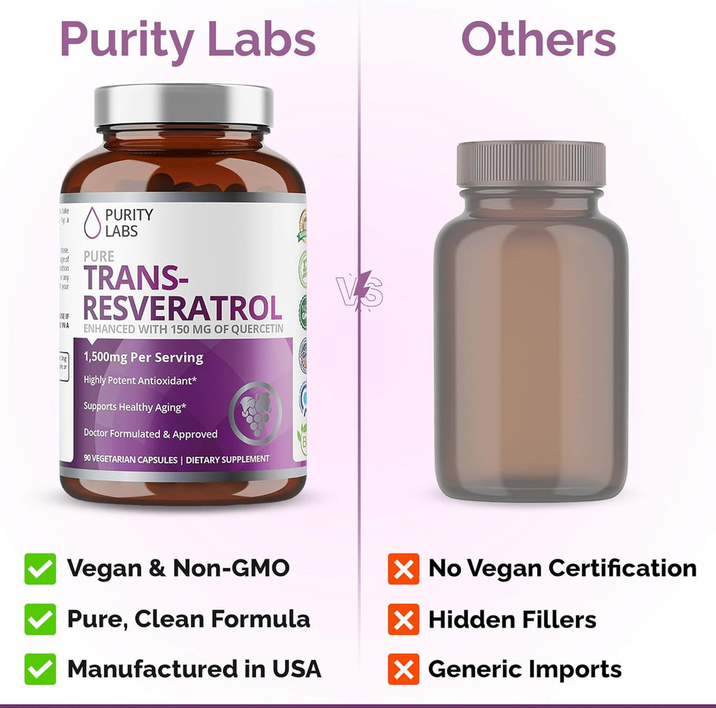 Purity Labs Pure Organic Trans Resveratrol Supplement with Quercetin, Vegan Antioxidant Nutritional Supplements for Heart, Skin, Hair, Nails | Sourced from Japanese Knotweed | 90 Capsules