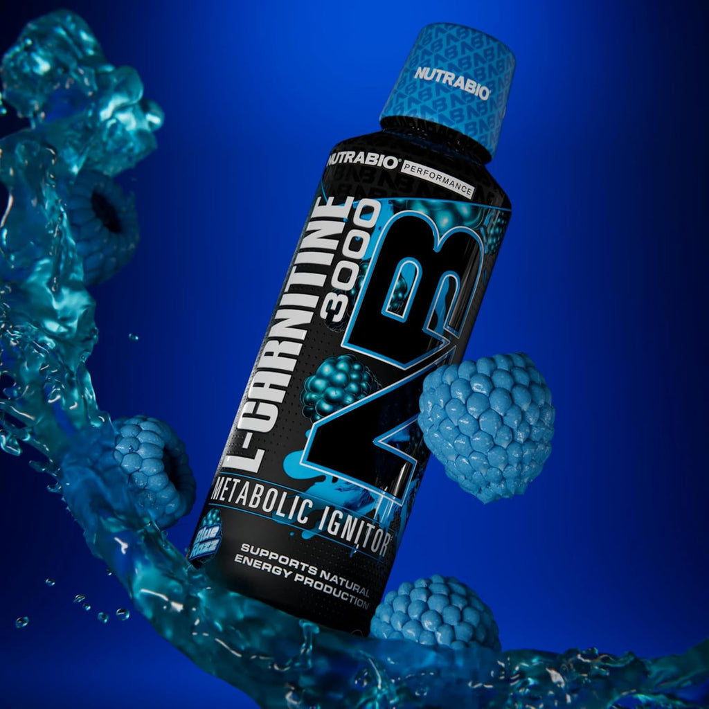 NutraBio – L-Carnitine Liquid Shots – 3000mg, (Blue Razz) – 10mg of Vitamin B-5 – Zero Carbs & Sugars – Energy Production – Muscle Recovery