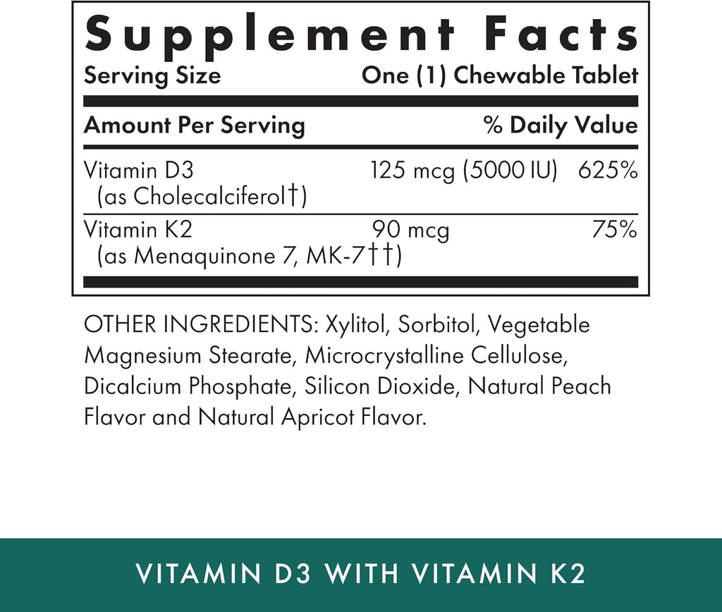 MICHAEL'S Health Naturopathic Programs Vitamin D3 with K2 - 90 Chewable Tablets, Pack of 2 - Apricot Flavor - Skeletal & Immune System Support - No Added Sugar - Vegetarian - 180 Total Servings