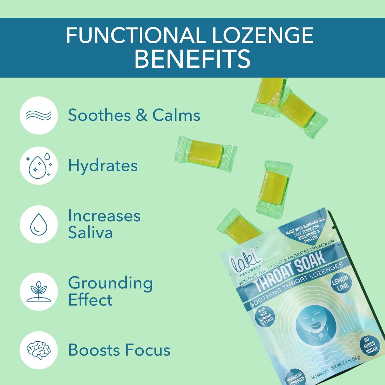 Laki Naturals Throat Soak Herbal Throat Lozenges (14 Ct) – Hawaiian Sea Salt Sore Throat & Dry Mouth Soothing Drops – Vegan, Non-GMO, Sugar-Free & Gluten-Free Sweet and Salty Herbal Candies