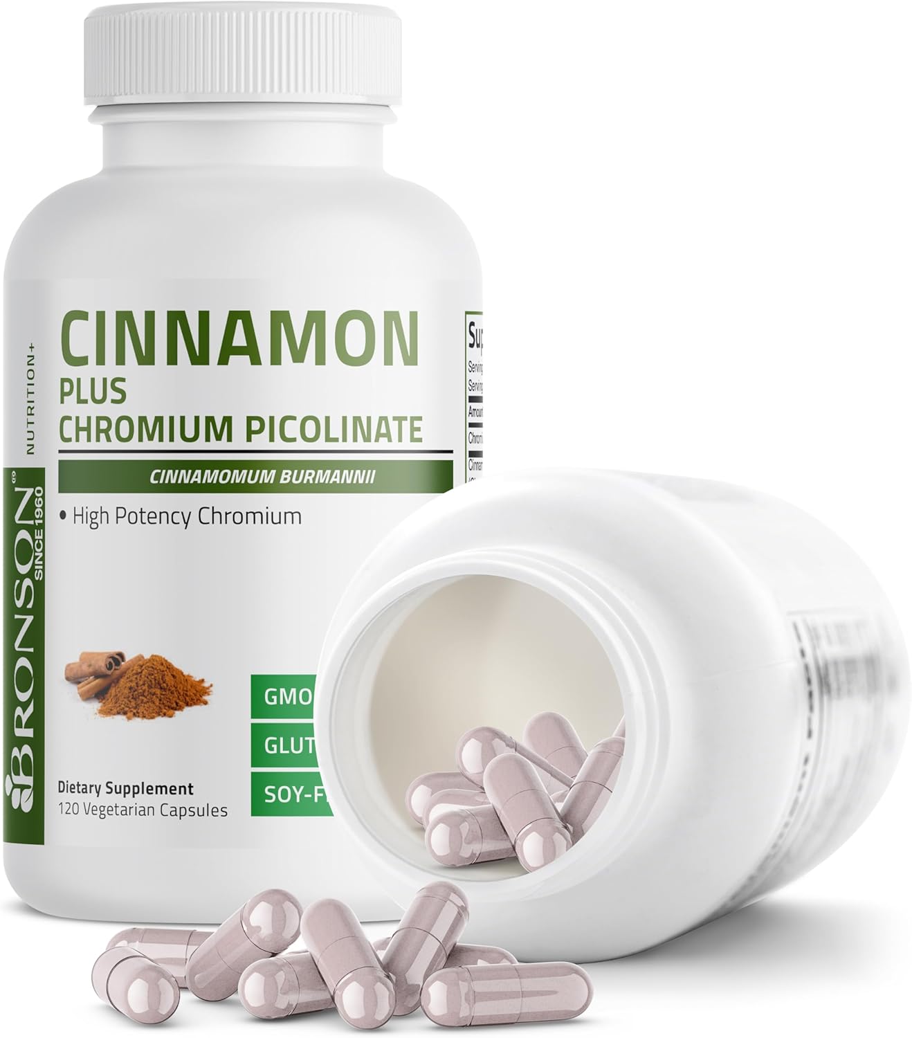 Bronson Cinnamon Plus Chromium Picolinate Supplement, High Potency Chromium, Non-GMO, 120 Vegetarian Capsules