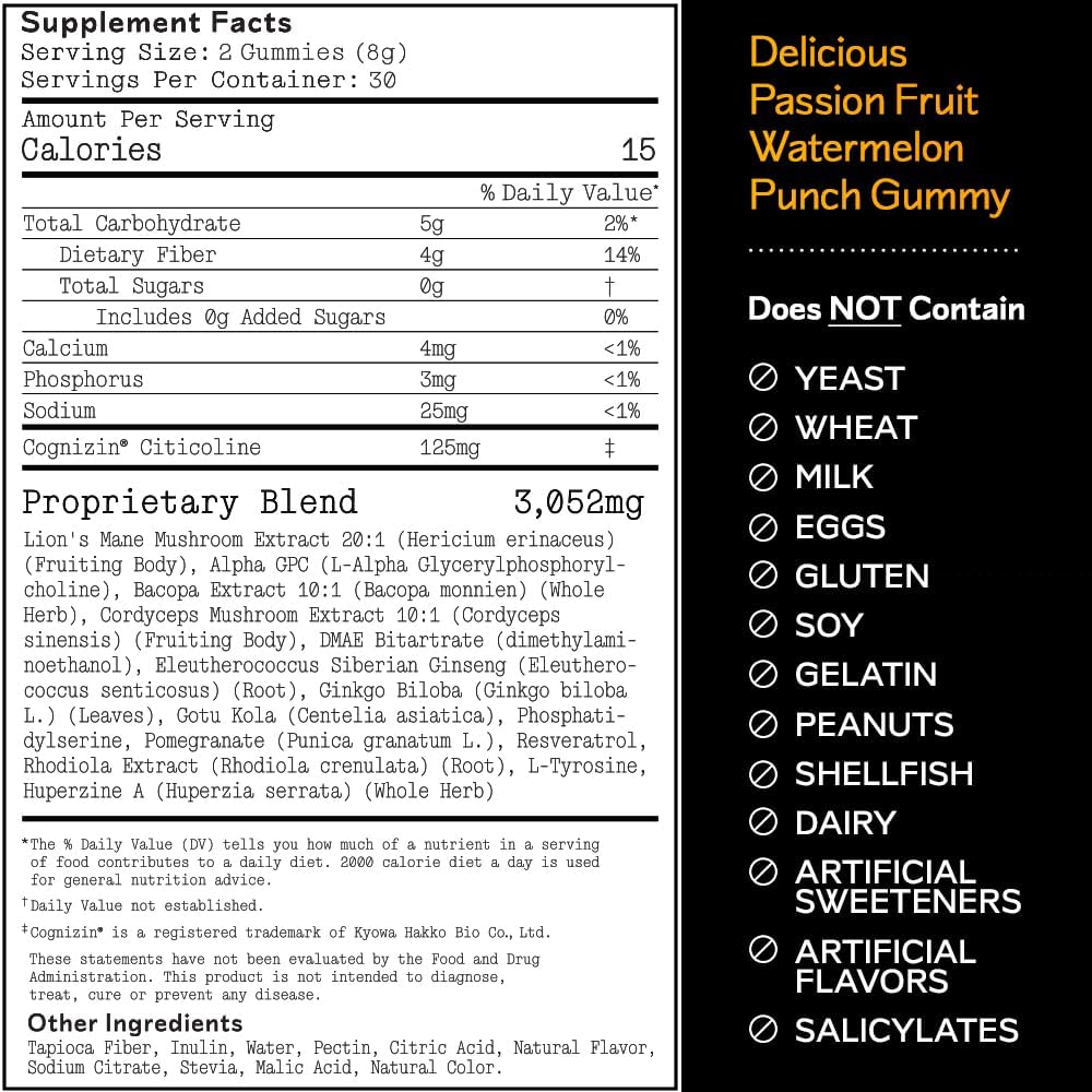 Barker Wellness Mushroom Adaptogen Gummies | Memory, Focus & Brain Health | Lions Mane, Cordyceps, Cognizin | Vegan, Sugar-Free | Passion Fruit Watermelon Flavor | 60 Gummies