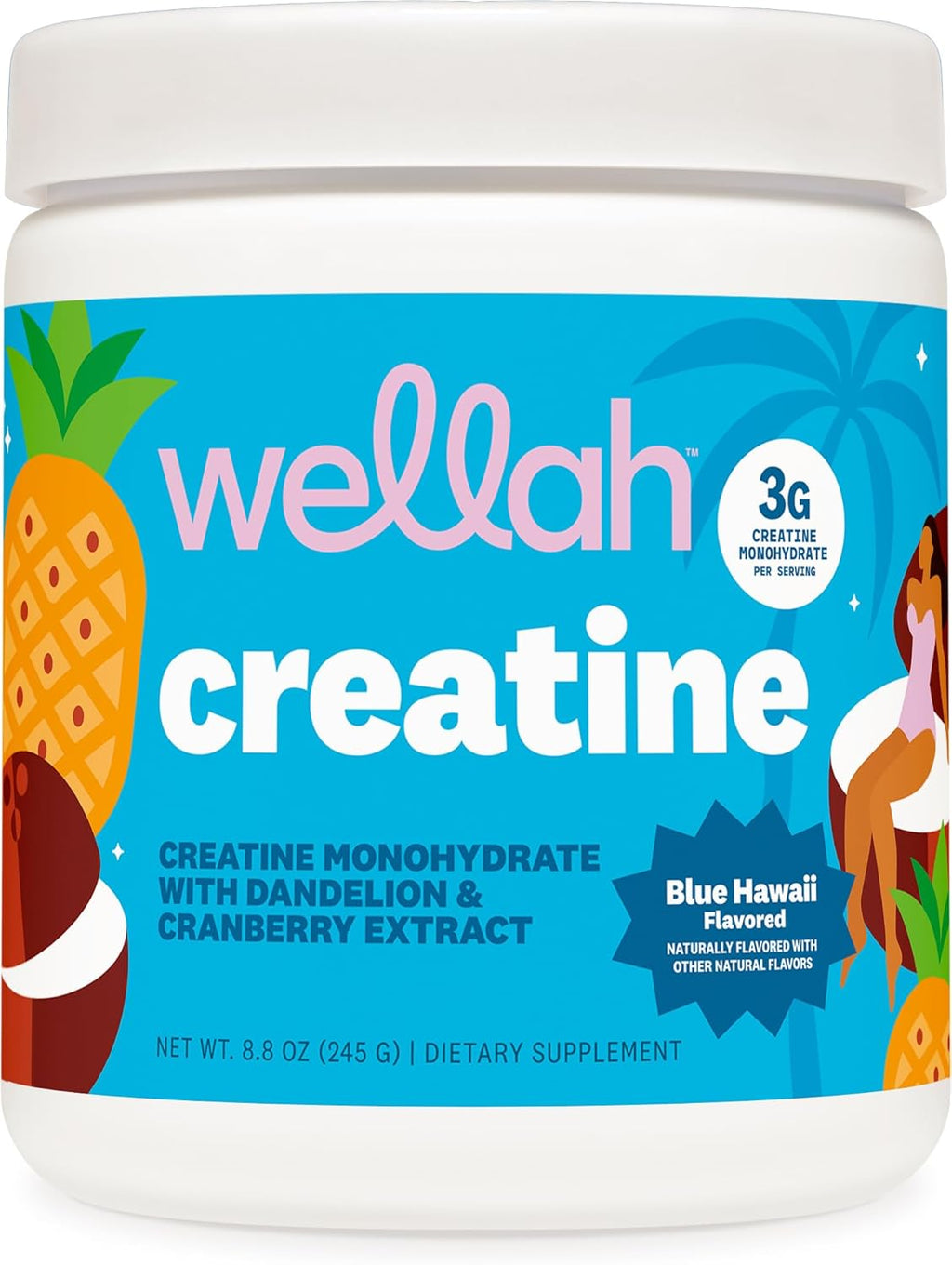 Wellah Creatine for Women (50 Servings) Blue Hawaii - 3g of Creatine Monohydrate Powder with Dandelion & Cranberry Extract