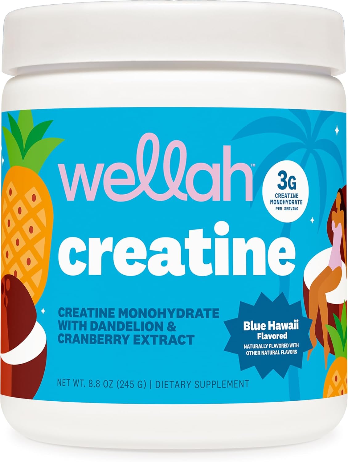 Wellah Creatine for Women (50 Servings) Blue Hawaii - 3g of Creatine Monohydrate Powder with Dandelion & Cranberry Extract
