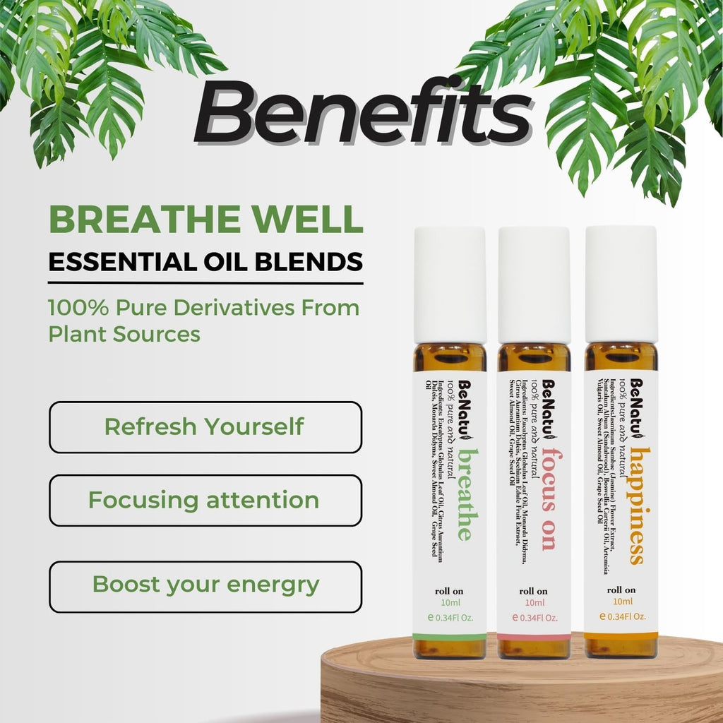 Benatu Essential Oil Blends Set (Breathe, Focus on, Happiness), Natural Aromatherapy Roll On for Massage, Body Skin Care, Home - Natural Fragrance Gift Roller for Women and Men