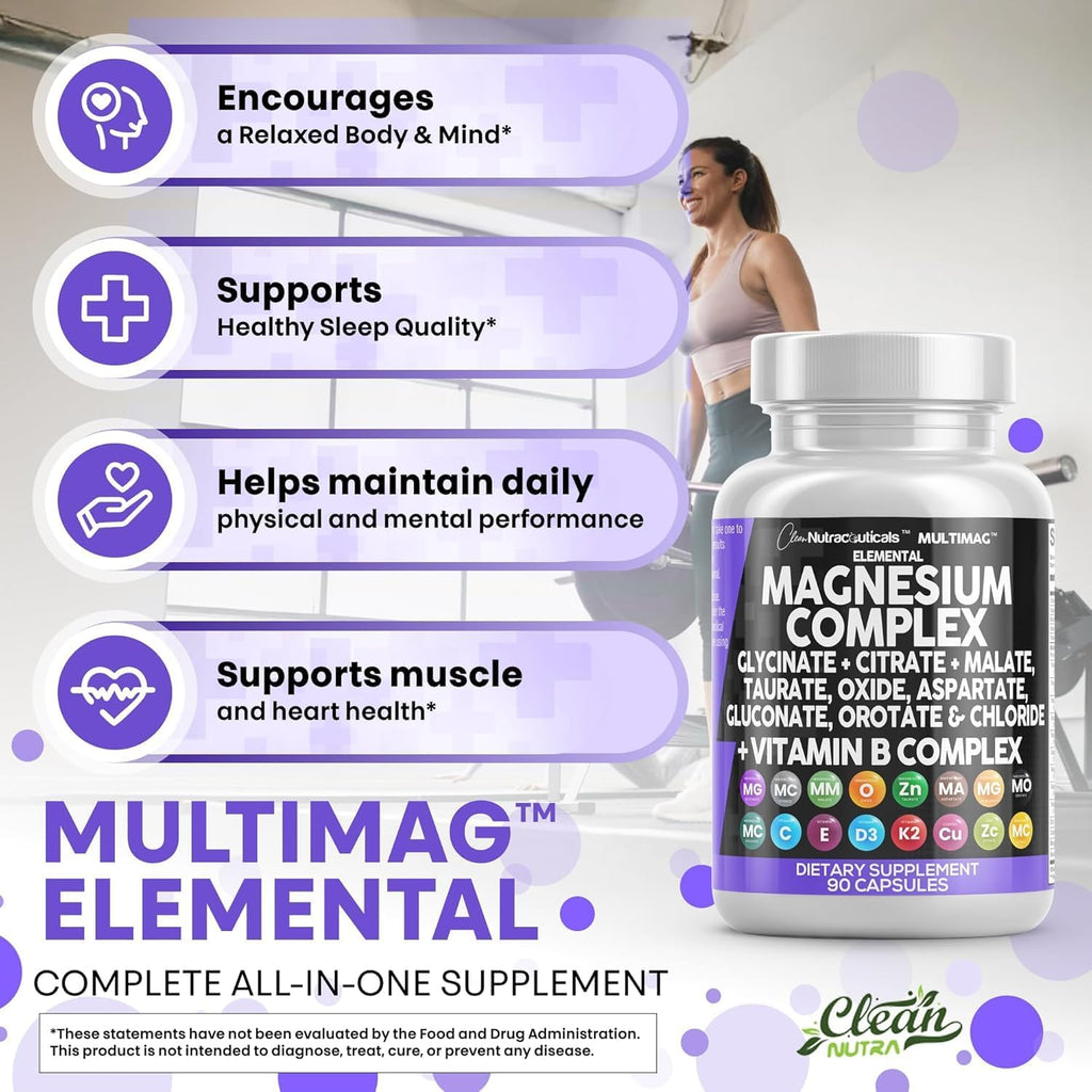 Clean Nutraceuticals Magnesium Complex with Magnesium Glycinate Citrate Malate Oxide Taurate Aspartate Orotate & Mag Chloride, Zinc Copper Manganese (90 Count (Pack of 2))