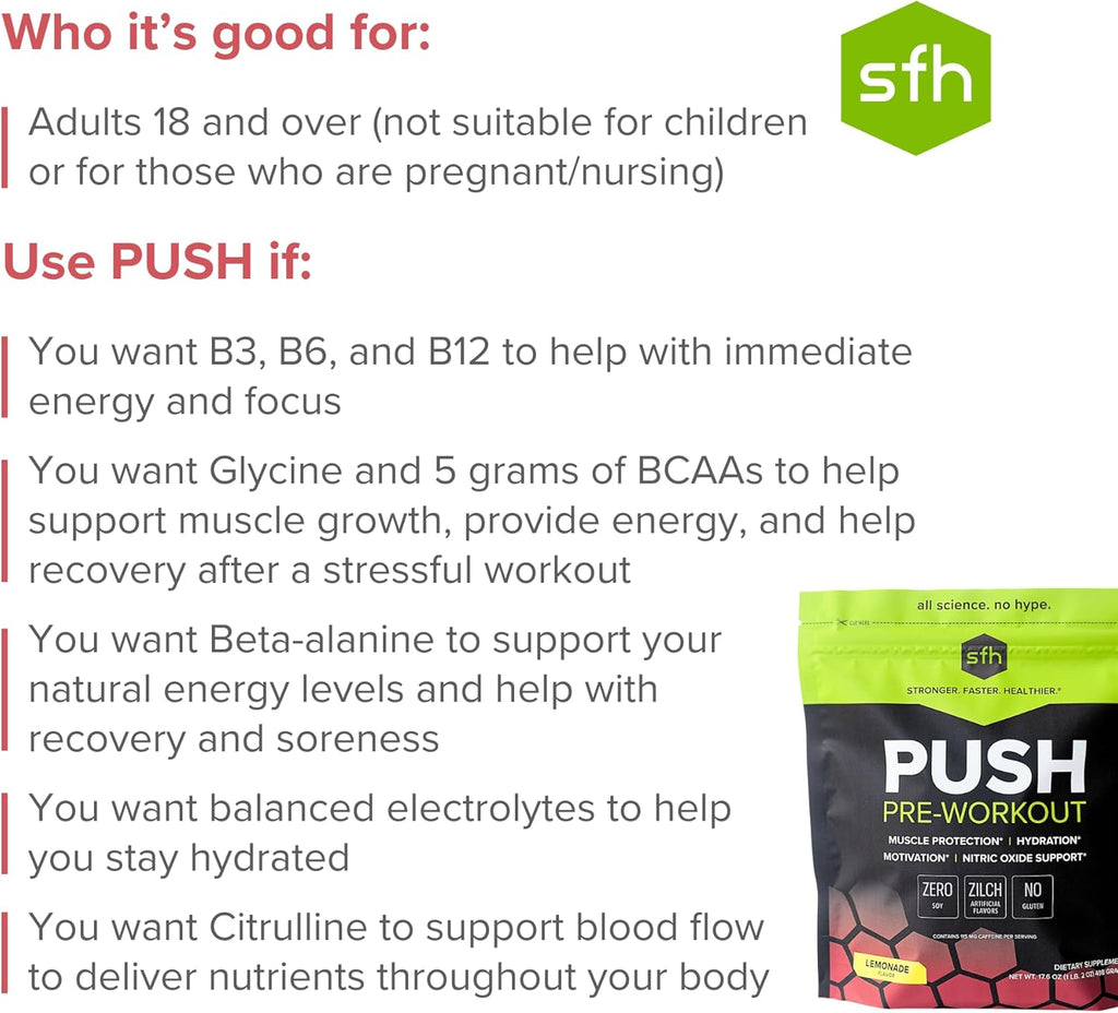 SFH Push Pre-Workout Powder (Lemonade) BCAAs for Muscle Repair | Electrolytes | Non-Dairy, No Artificial Flavors, Colors, Sugar, Soy, Gluten, or GMOs (Bag)