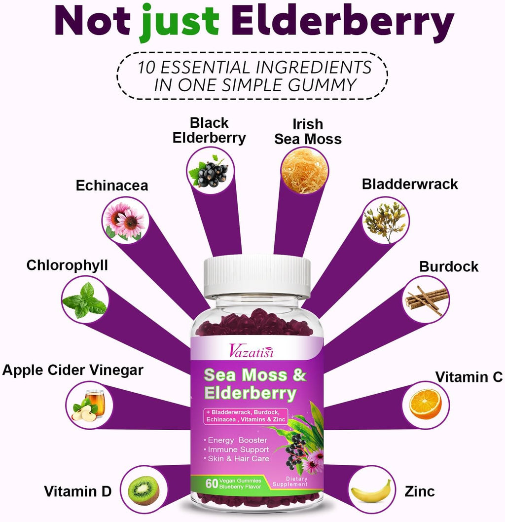 2 Pack Elderberry Gummies with Sea Moss, Extra Strength Elderberry with Vitamin C, Zinc for Immune Support for Adults, Kids, Women & Men, Blueberry Flavor 120Cts